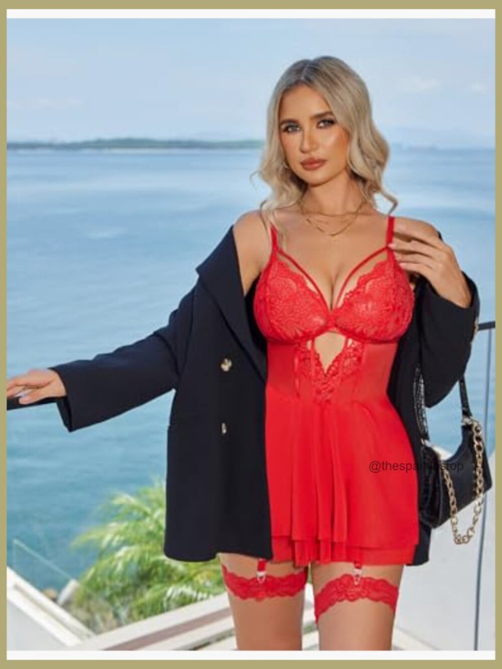 Lace Babydoll Chemise with Garter Belt, 90% Nylon 10% Spandex - Picture 3 of 7